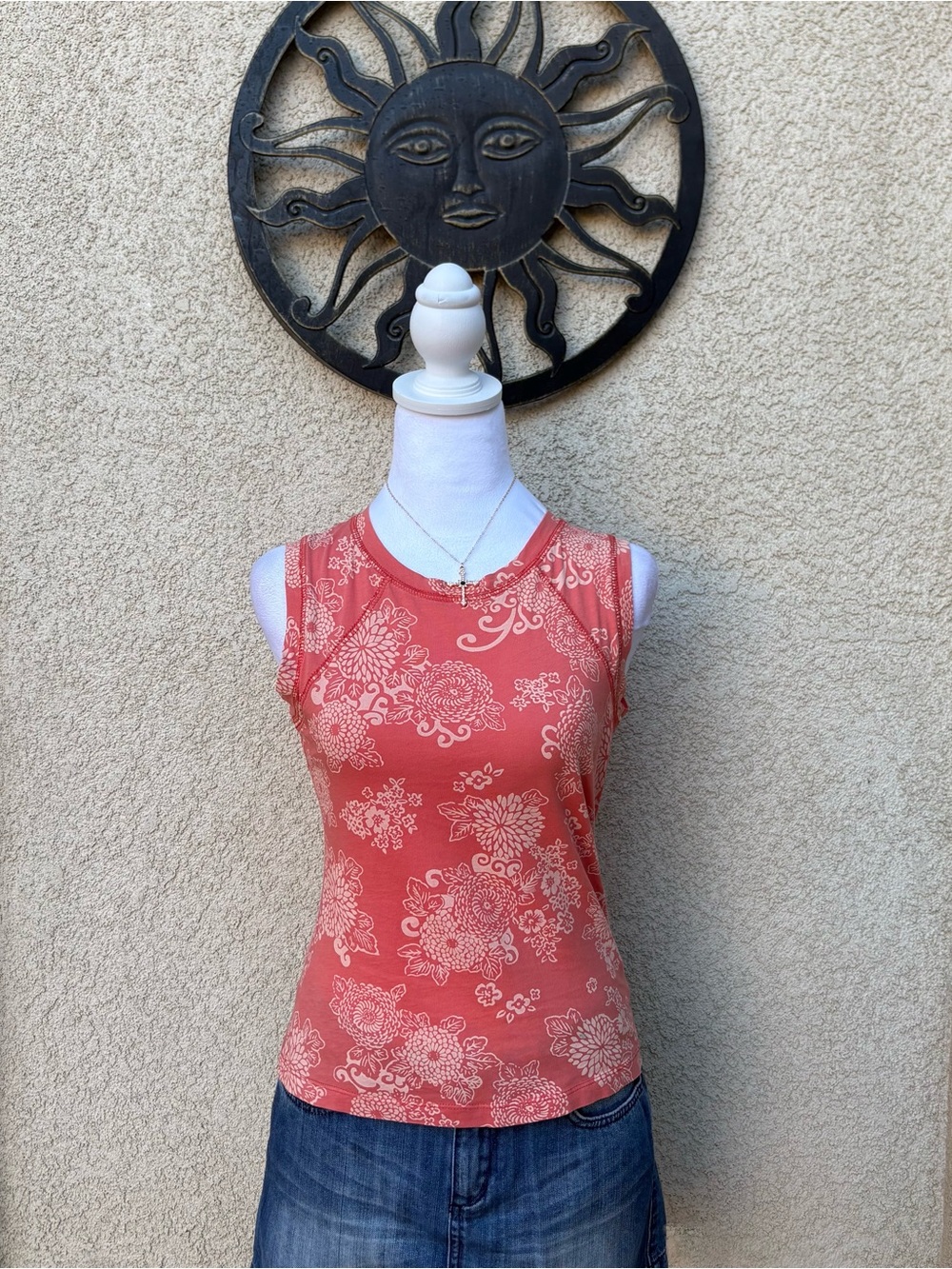 Yogi Orange Floral Print Sleeveless Tee Y2K Boho Casual Summer Vintage 2000s